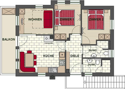 Grundriss der 6 Personen Ferienwohnung in der Skihütte in Hochkrimml / Österreich